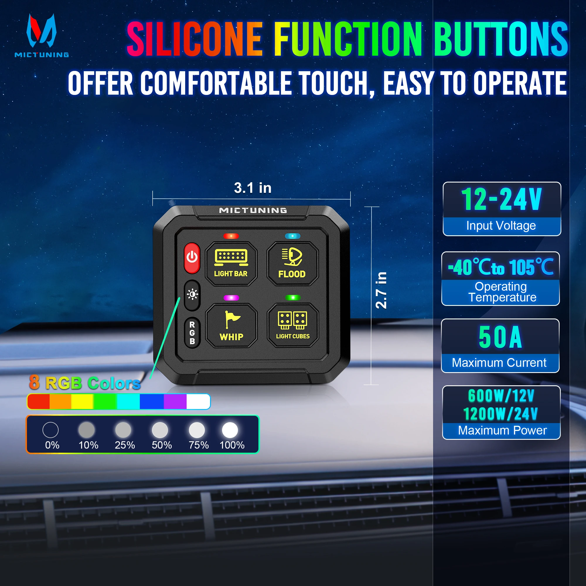 

Панель управления MICTUNING на 4 переключателя P1S RGB с 6 уровнями яркости, многофункциональная, с функцией мгновенного включения/выключения, стробоскопа и релейным блоком управления цепями