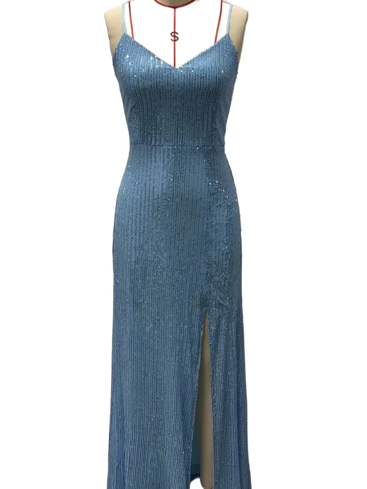 

Sexy V-neck Spaghetti Straps Backless Sequined Long Formal Evening Dress