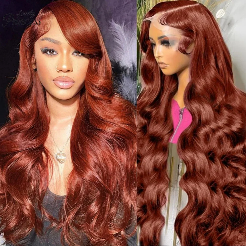 Wig Rambut Asli 13x6 Body Wave Cokelat Kemerahan dengan Lace Frontal, 100% Warna Merah, Pre Plucked, Wig Rambut Asli 13x6 Hd Lace Front