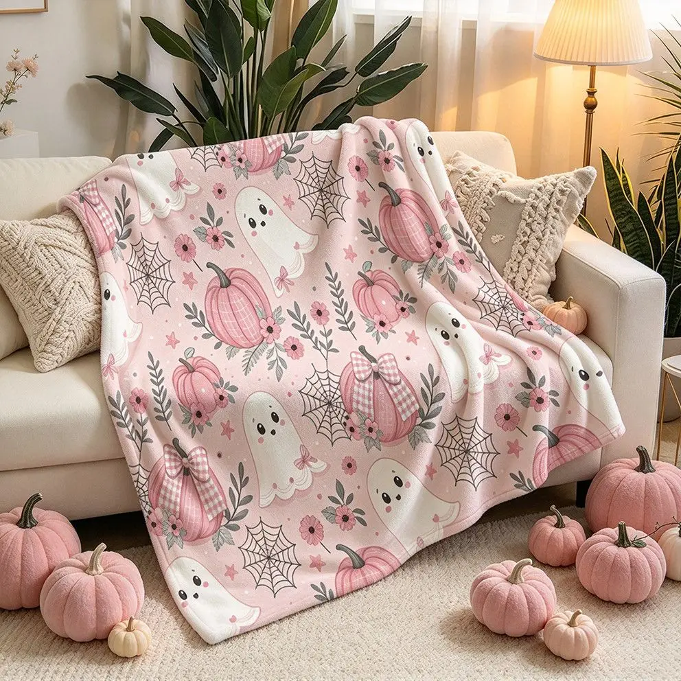 Pink Cute Ghost Flannel Throw Blanket, Halloween Aesthetic Blanket, Kawaii Girls Cover Blanket, Soft Cozy Air Conditioning Blank