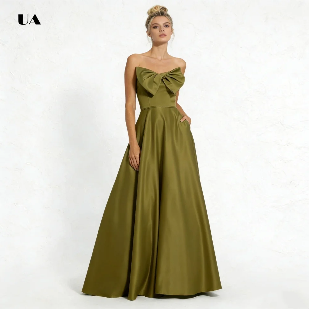 

ULBYANRY Solid A-line Prom Dress with Oversized Bow, Satin Strapless Evening Dress, Simple Customized Party Gown with Pockets
