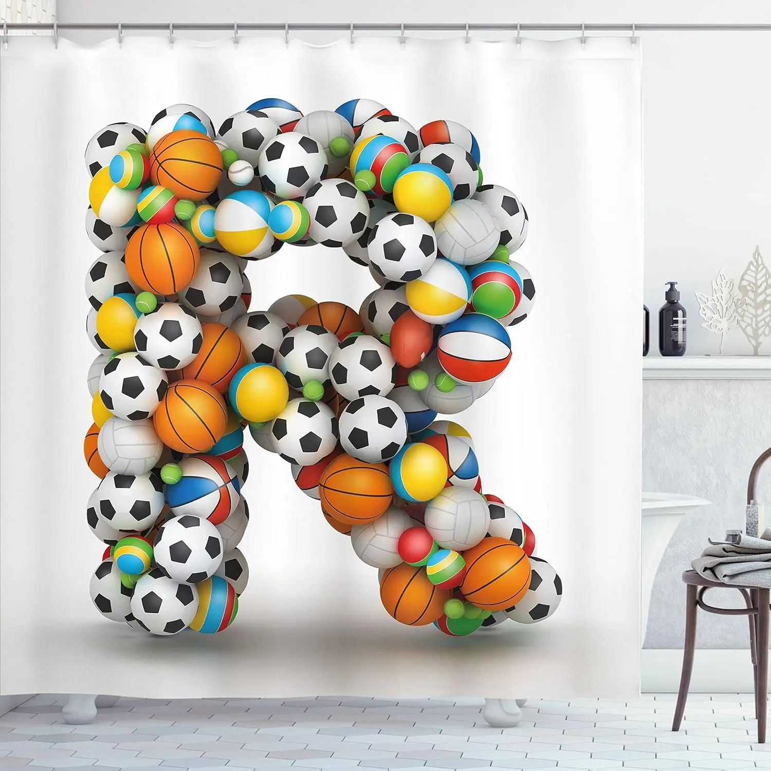 

Sports Ball Alphabet R Shower Curtain Colorful Balls Football Basketball Design Kids Room Decor Playful Artistic Bath Linen Item