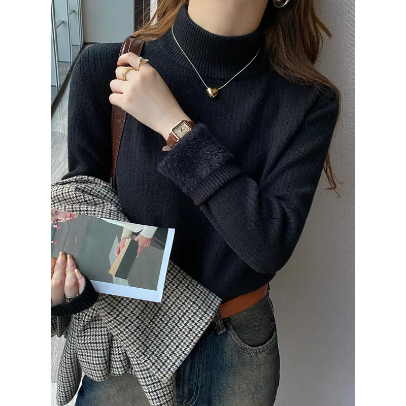 Women Winter Fleece Lined Sweater Thickened Base Layer Half Turtleneck Knit Top 2026 New Autumn High End Knitted Pullover for La