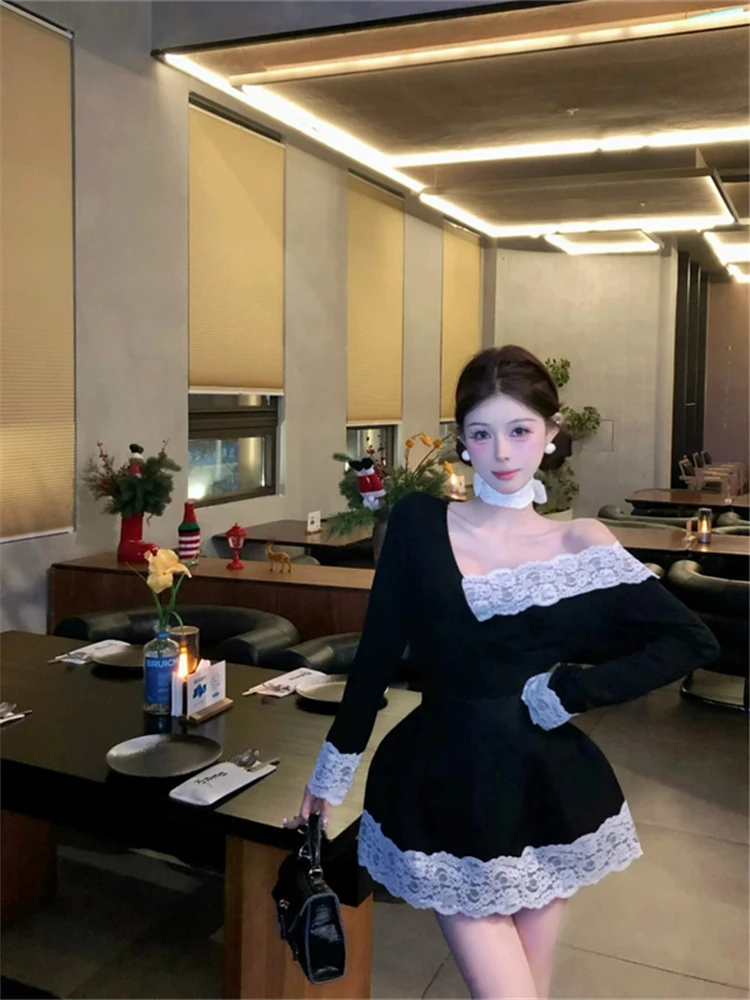 

Miu Sle Lace Patchwork Women's Set High Waist Skirt Trendy Long Sve V-Ne T-irt Spring Casual Faion Ensemble