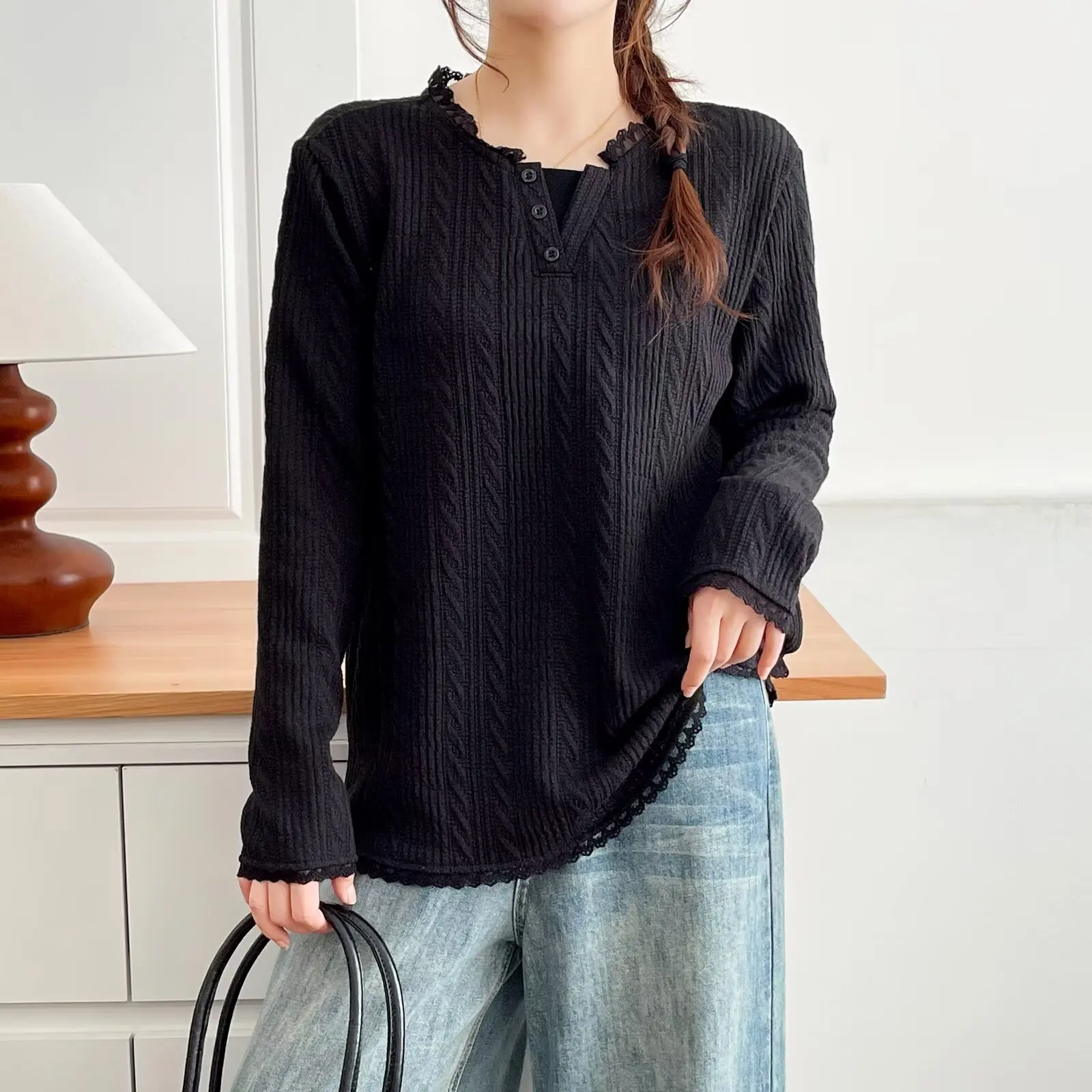 Модная женская футболка больших размеров с кружевным воротником, топы из двух предметов с длинными рукавами, осень 2025 г.