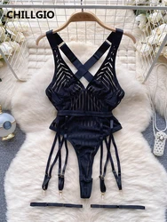 CHILLGIO Women Sexy Transparent Striped Strappy Rompers Lingerie One Piece Combination Catsuits Fashion Bodycon Mesh Bodysuits