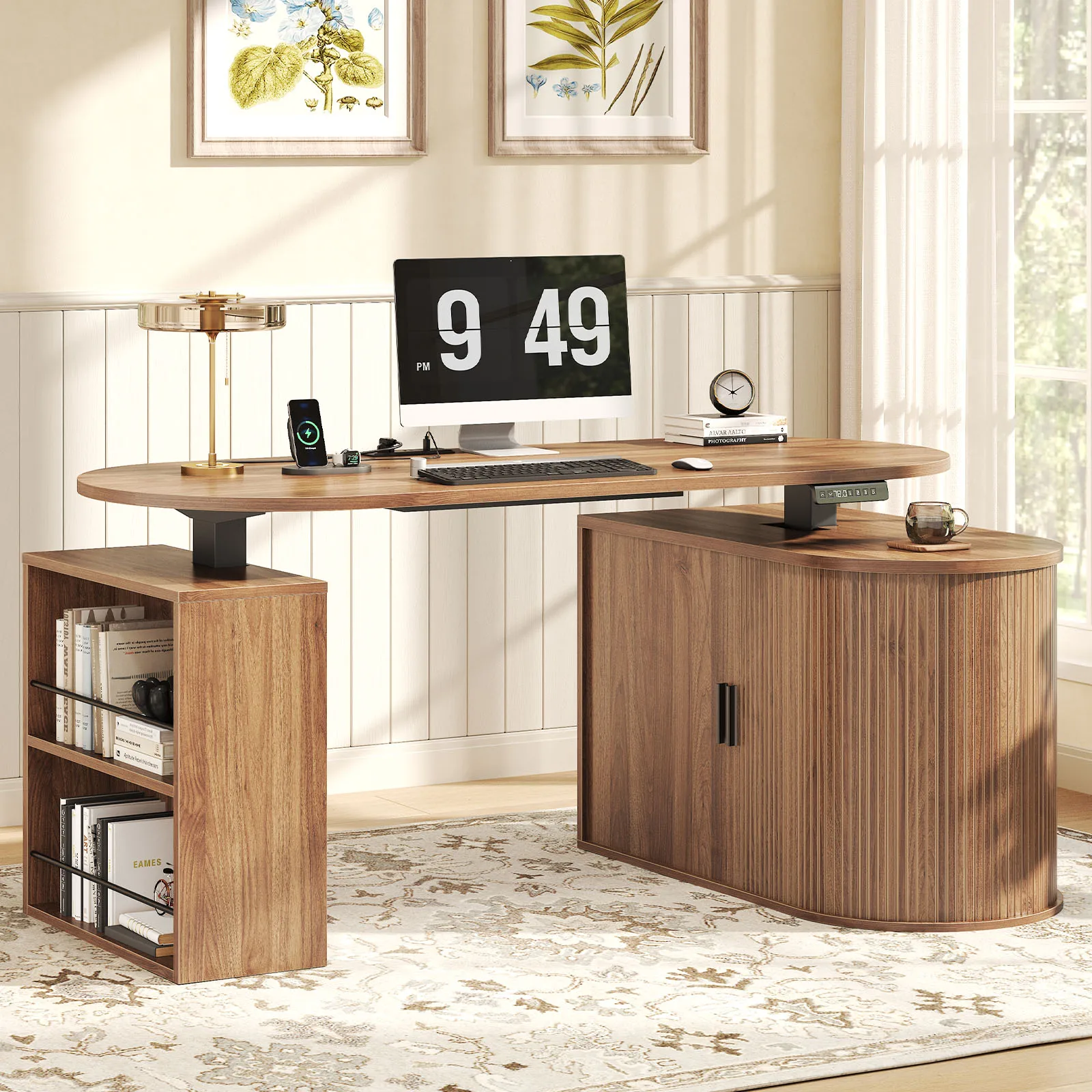2026 New Design Ergonomic Electric Standing Large Height Adjustable L Shape Wooden Office Computer Desk Table with Large Storage