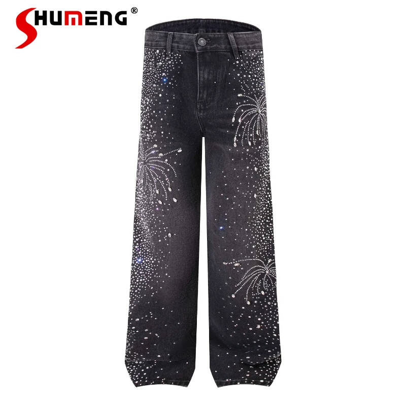 2025 Men's Autumn New Rhinestone Jeans Fashion Straight Denim Pants Men's Versatile Solid Color Pocket Decoration Denim Trousers