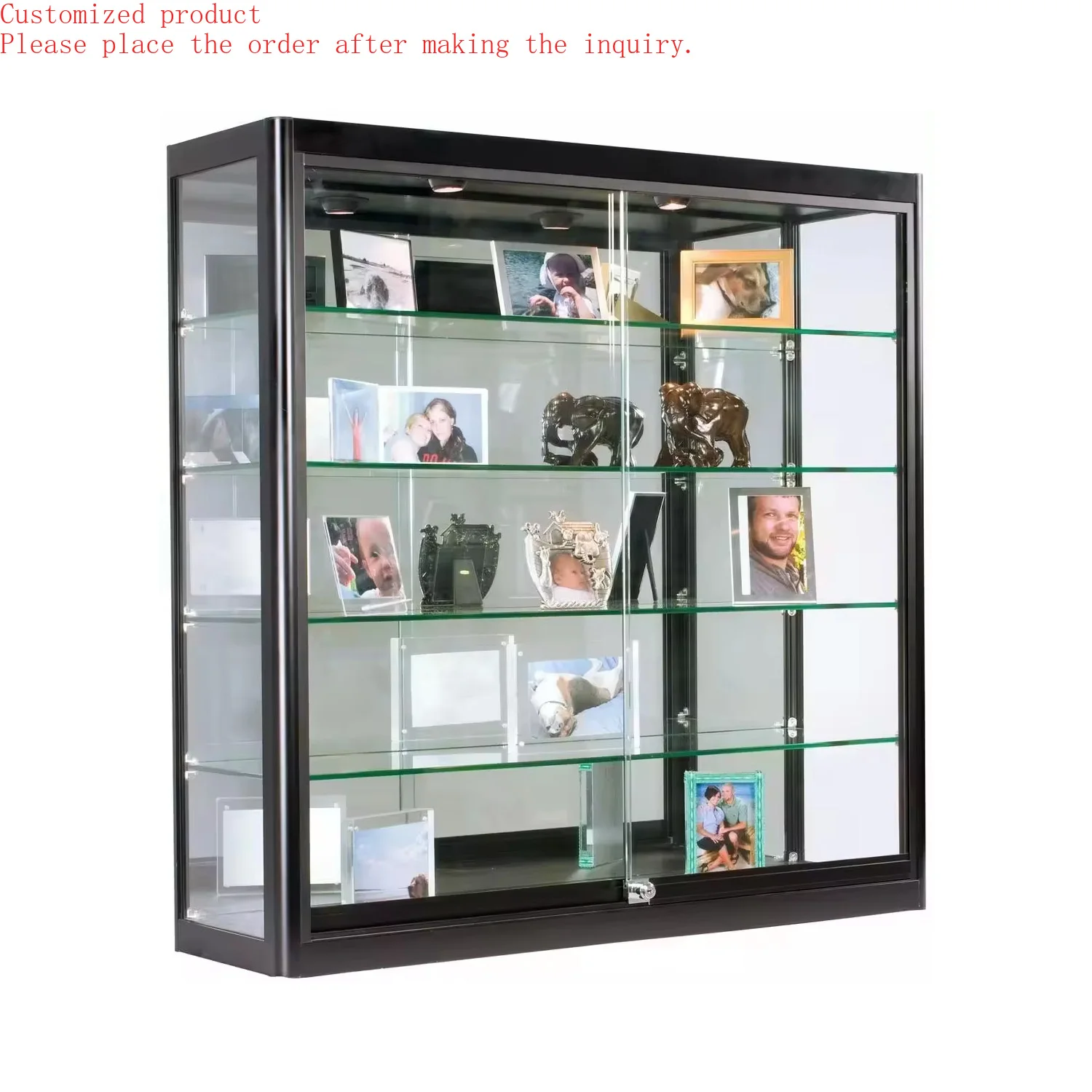

Custom.Custom Retail Store Glass Display Cabinet with LED Lights Full Vision Black Aluminum Frame Glass Showcase for Display