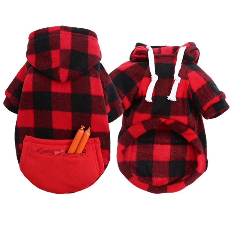 Autumn Winter Dog Hoodie for Small Medium Dogs Hooded Sweatshirt with Pocket Plaid Pet Clothes Sweater Casual Puppy Cat Hoodies