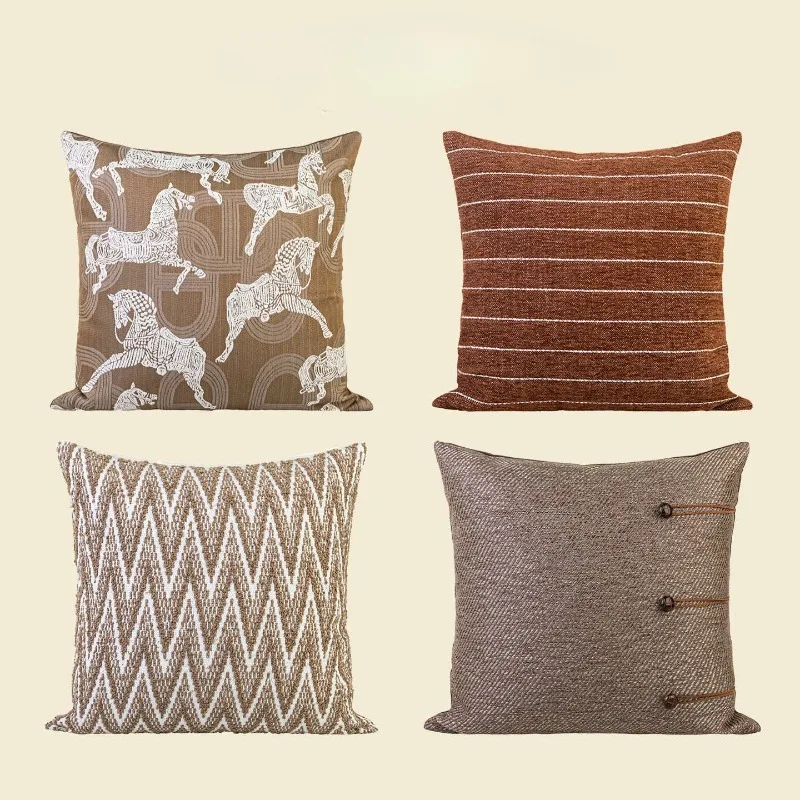 Premium Vintage Brown Coffee Jacquard Cushion Cover Italian Maillard Home Pillowcase Modern High-End Pillow Covers Decorative
