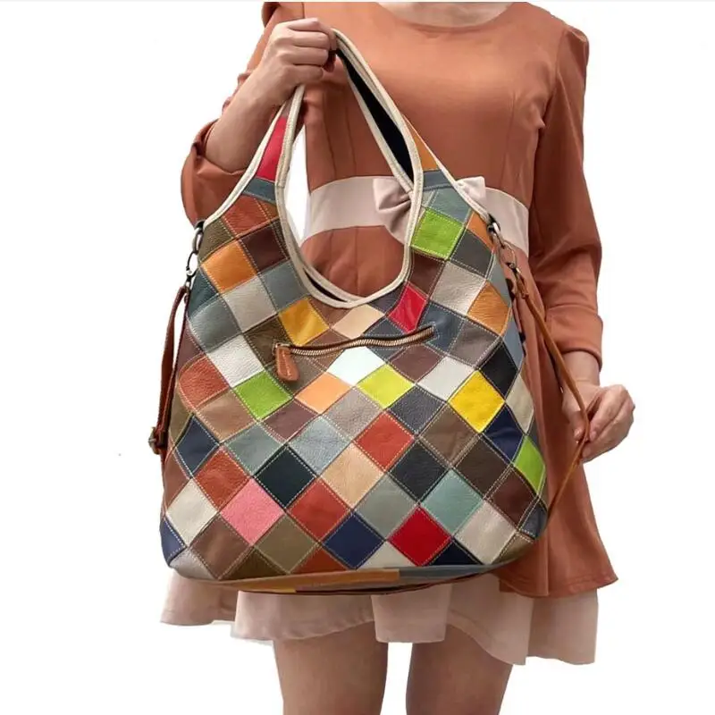 In Stock!Real 100% Genuine Leather Bags Women Hobo Patchwork Flower Handbags Ladies Tote Bag Colorful Freeship