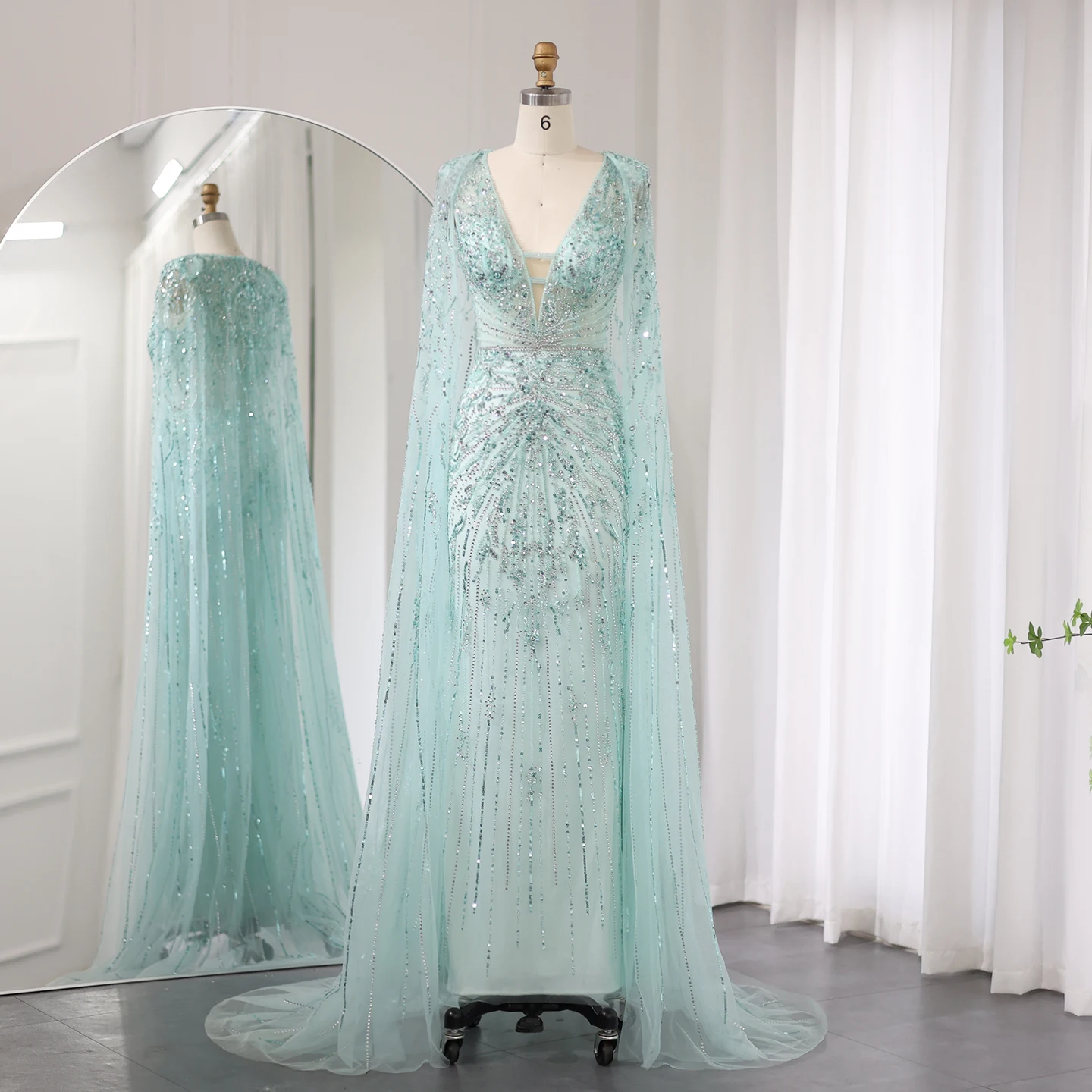 Sharon Said-Robe de Soirée de Forme Sirène Luxueuse et Argentée, Tenue de Mariage avec Cape, Col en V, Turquoise, SS397