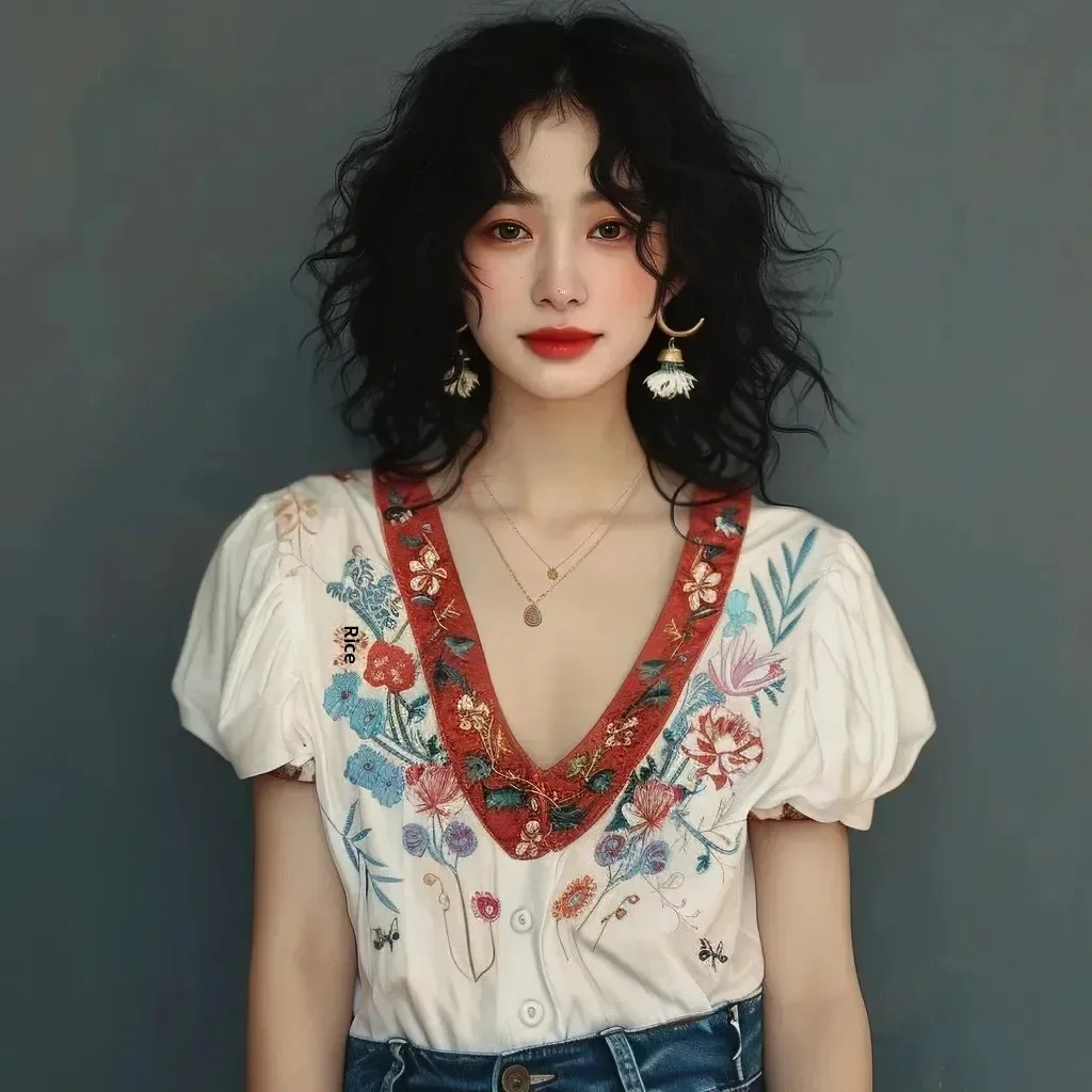 

V-neck Lace Shirt for Women in Summer 2025 Popular New Style Loose Temperament Niche French Slimming Top