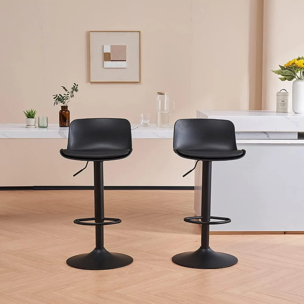 Bar Stools conjunto de 2, barstool moderno preto PU altura do contador, alto acolchoado giratório, barstools ajustáveis com costas