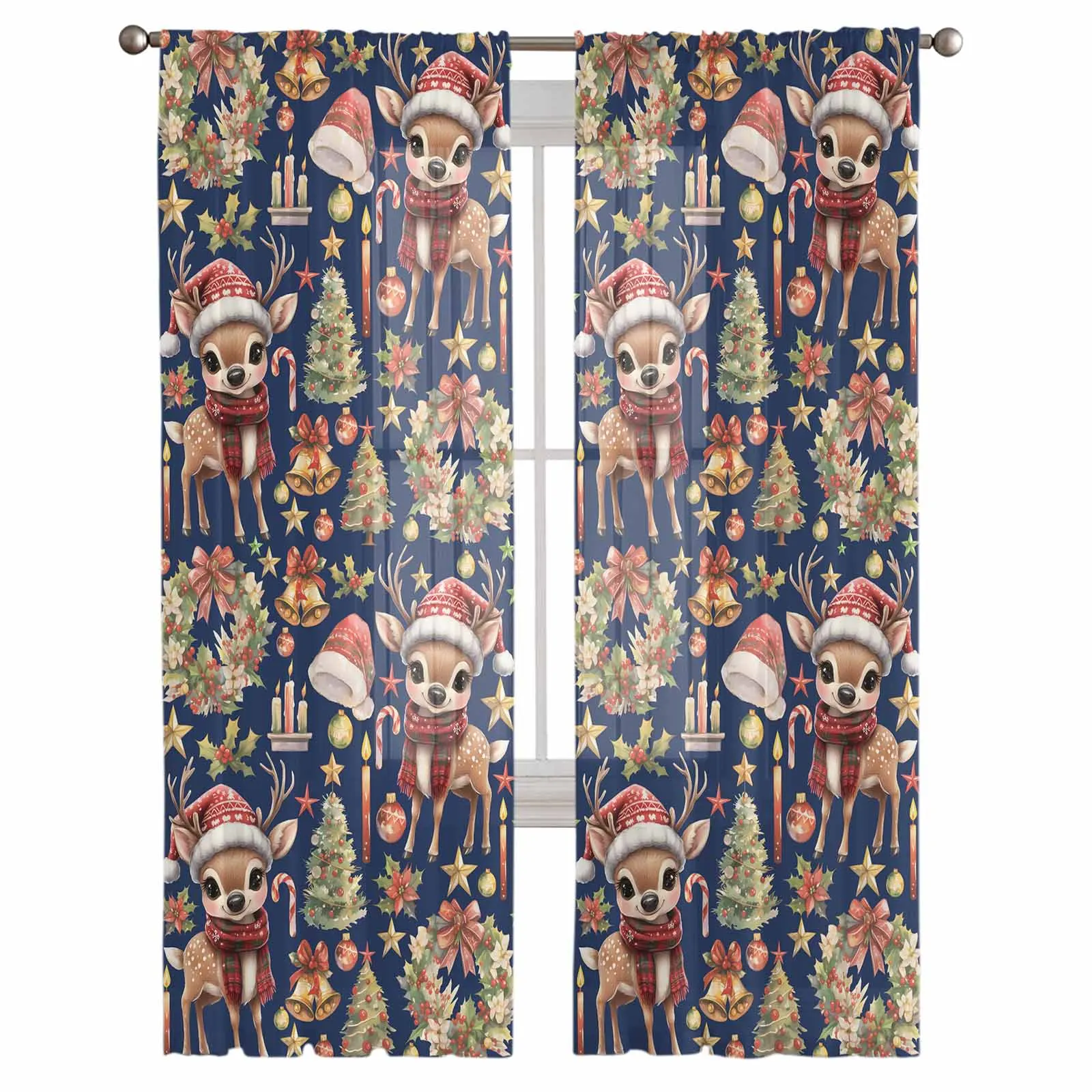 Christmas Winter Deer Wreath Bell Curtains For Living Room Bedroom Home Decoration Window Voile Tulle Curtain Drapes