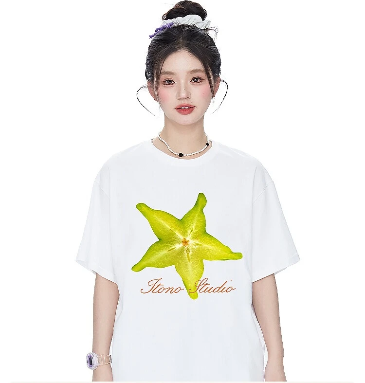 

Fruit Starfruit Fashion Trend Pure Cotton Short Sleeved Men's and Women's Summer White Small Fresh Design Versatile T-shirt