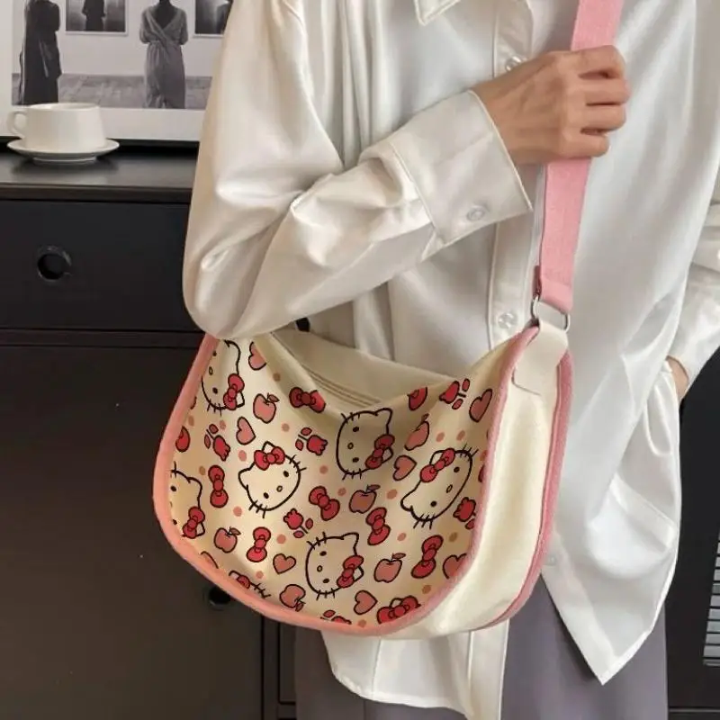 Ins New Sanrio Hello Kitty Canvas Bag Crossbody Bag Large Capacity Portable Cute Kitty Dumpling Bag Shoulder Bag Holiday Gifts