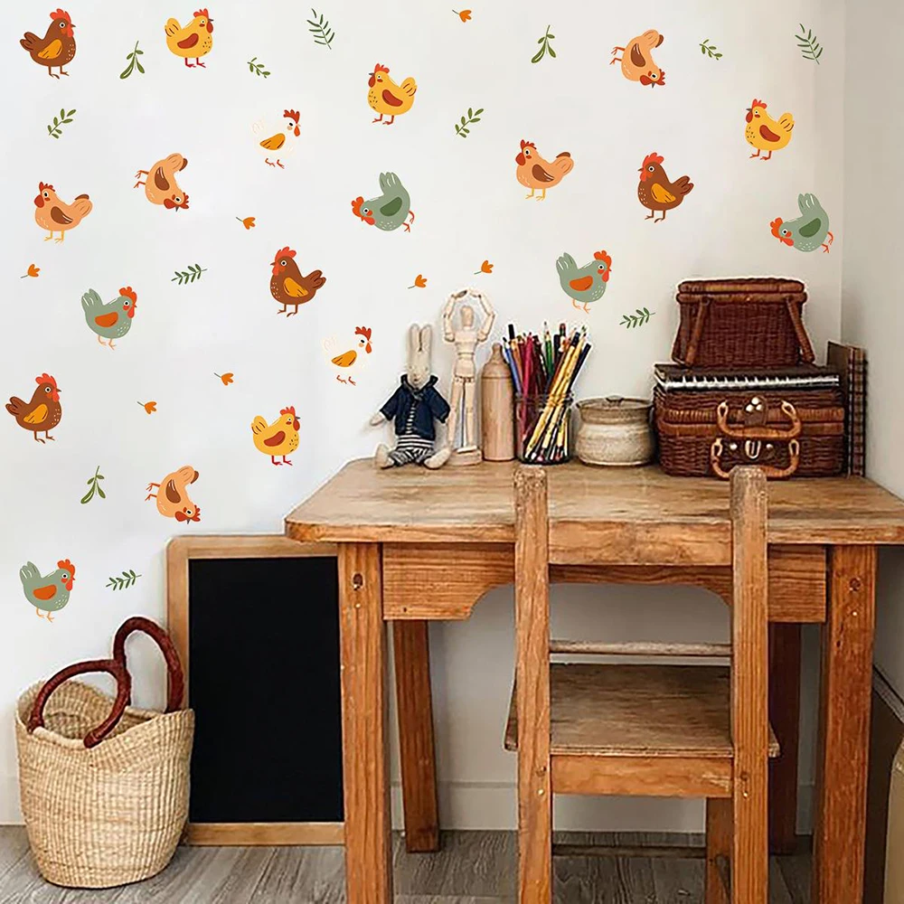 Cartoon Farm Animal Chicken Hen Wall Sticker  Playroom Farmhouse Animal Hen Leaf Wall Decal Bedroom Kitchen Wall Decor
