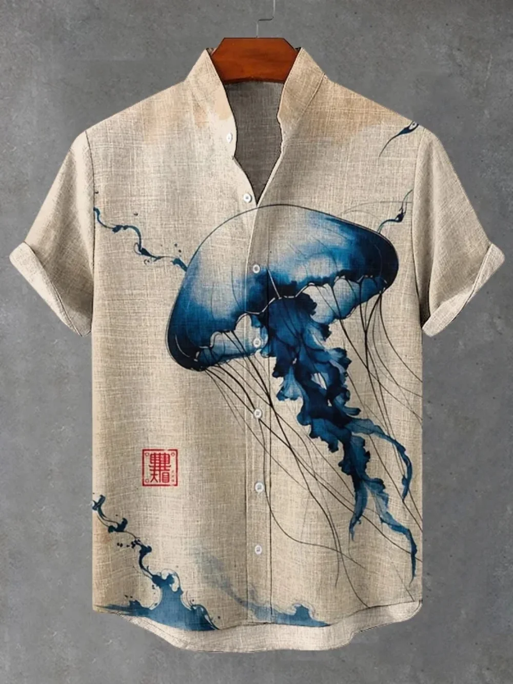 

Summer Men's Short Sleeve Stand up Collar Shirt Marine Animal Print Street Fashion Breathable Linen Fast Dry Casual Top for Men