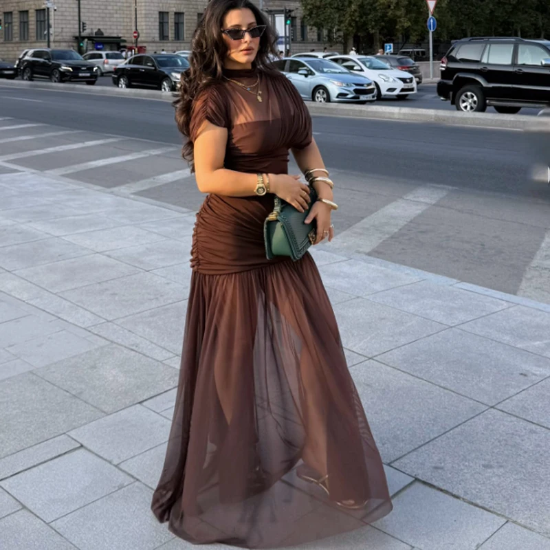 HXAO メッシュロングドレス女性のためのノースリーブボディコンエレガントなパーティードレス夏シャーリングチュールミディドレスレディースイブニングドレス