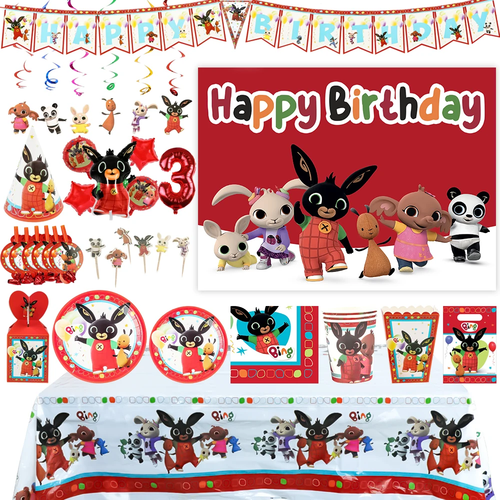 Red Animal Backdrop Cute Black Rabbit Anime Movie Film Tableware Paper Tablecloth Balloon Kids Birthday Party Decor Gift Prop