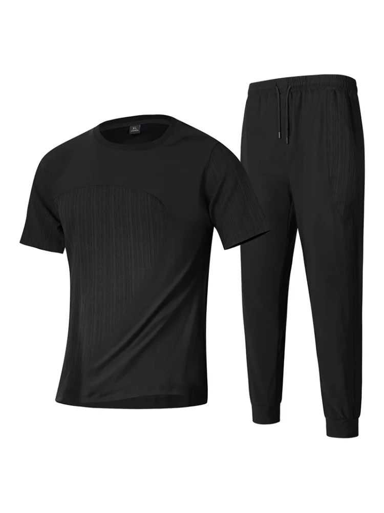 Summer Ice Silk Running Sportswear Set Casual Thin ort Sve T-irt Men's Faion Long Pants Qui Dry Large Size