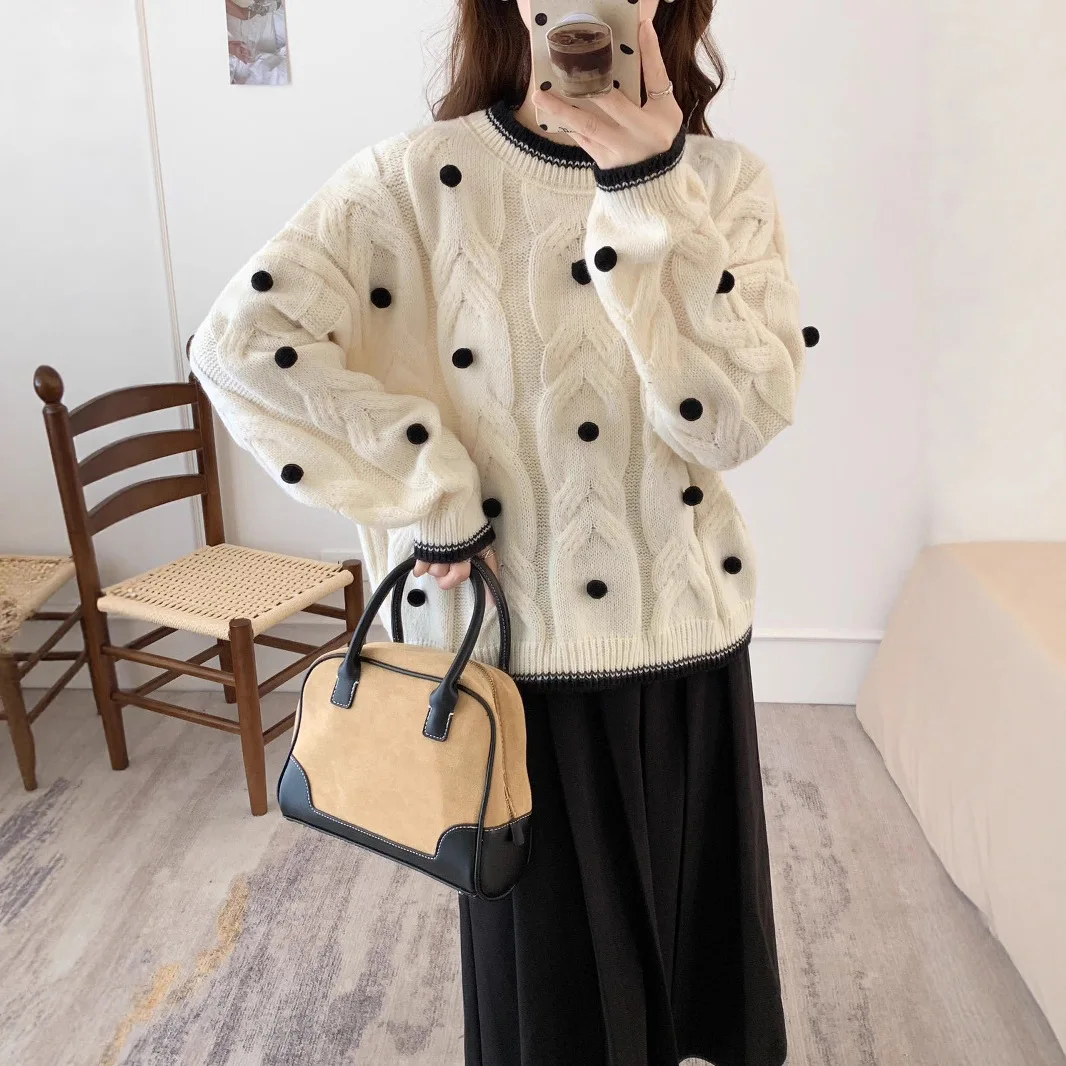 

Women's Soft Cozy Pullover Sweater 2025 Autumn Winter Solid Color Outer Wear Christmas 3D Pom-poms Knit Top Quality Fashion