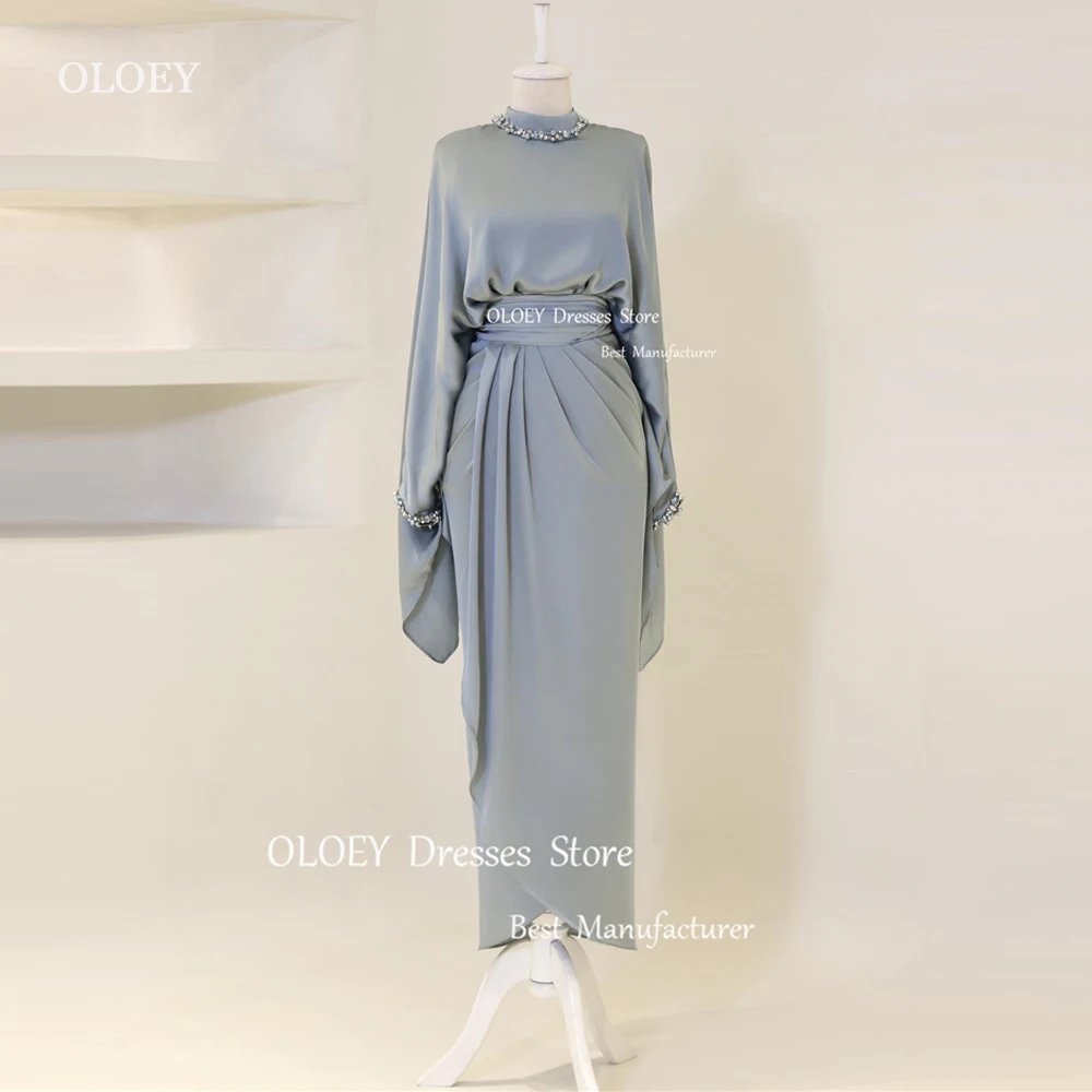 

OLOEY Modest Dubai Arabic Women Evening Dresses Formal Occasion Dress High Neck Beads Pleats Draped Prom Gowns Plus Size 2024