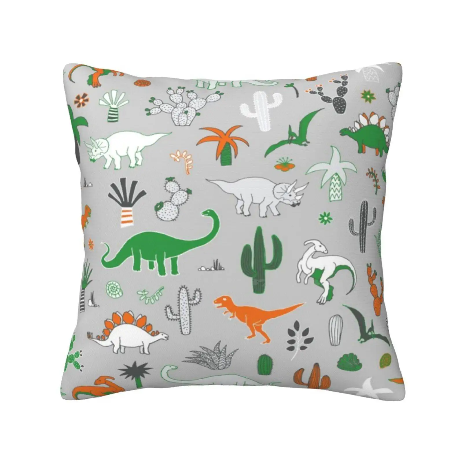 Dinosaur Desert-Green And Orange On Grey-Fun Pattern By Cecca Designs Pillow Cover Hug Pillowcase Dinosaurs Stegosaurus