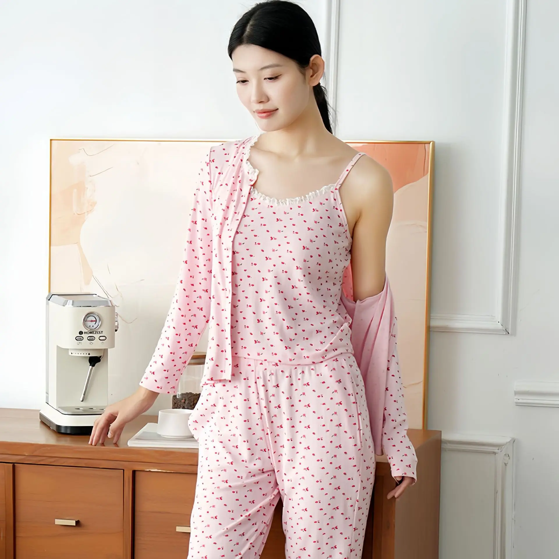 Ladies Pure Cotton Knitted Sleepwear Pink Floral Lace Open Cardigan Home Clothes with Chest Pad Casual Girl Nightgown