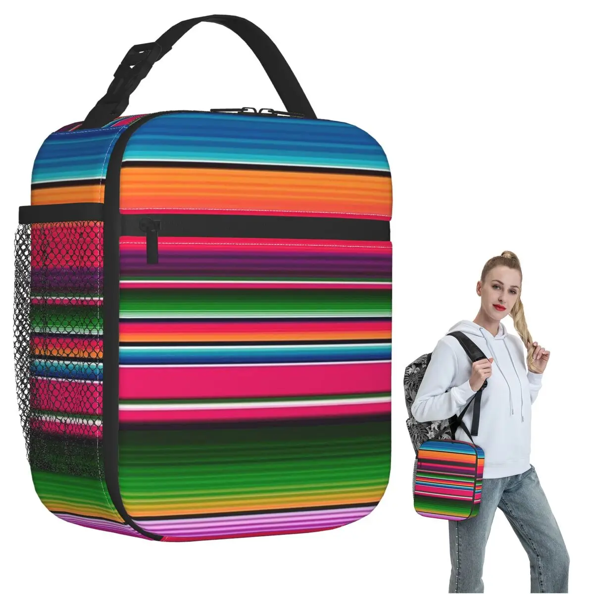 Mexican Blanket Striped Fiesta Serape Insulated Lunch Bag for Women Children Portable Food Boxes Thermal Lunch Box Tote