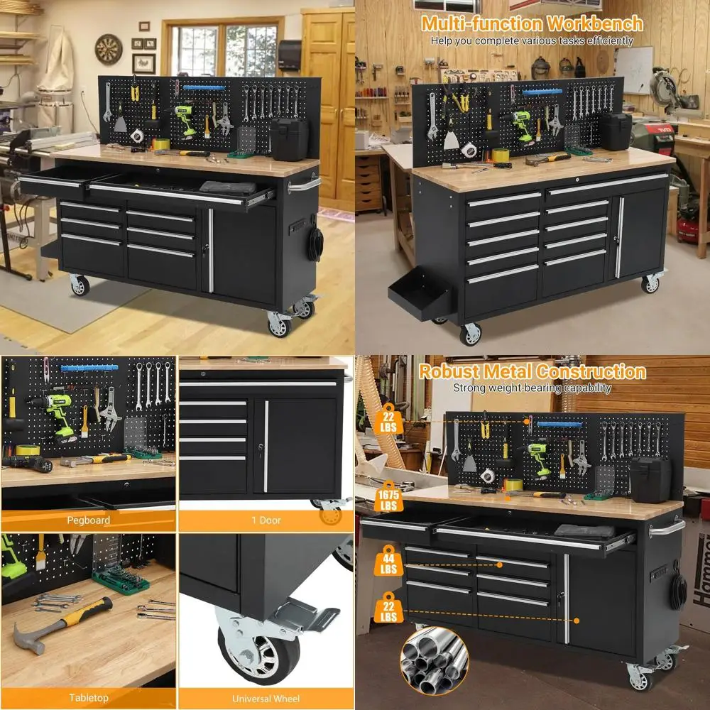 

61-дюймовый усиленный передвижной ящик для инструментов с 10 ящиками, розеткой, столешницей из массива дерева, грузоподъемность 1675 фунтов