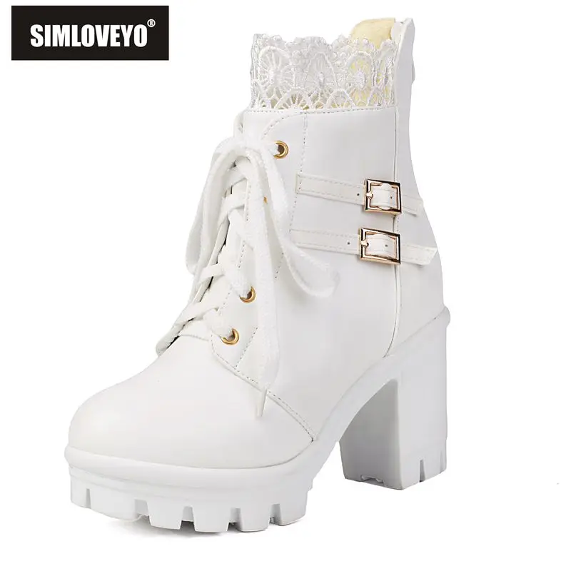 

SIMLOVEYO 2025 милые женские ботильоны с круглым носком на блочном каблуке 9 см, на платформе, на молнии, на шнуровке, с пряжками на ремне, размер 43 Lolita Daily Bota