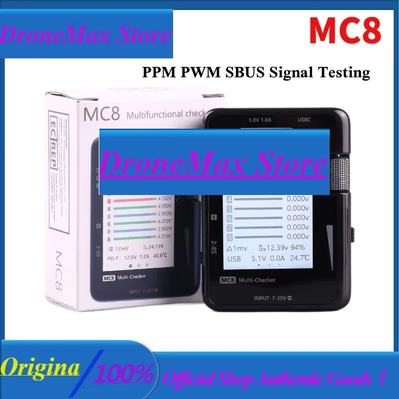 DroMaToolkitRC MC8 Smart 32-битный мультичекер для батарей с быстрой зарядкой через USB-C, выходом PWM, тестером сигналов PPM и SBUS.