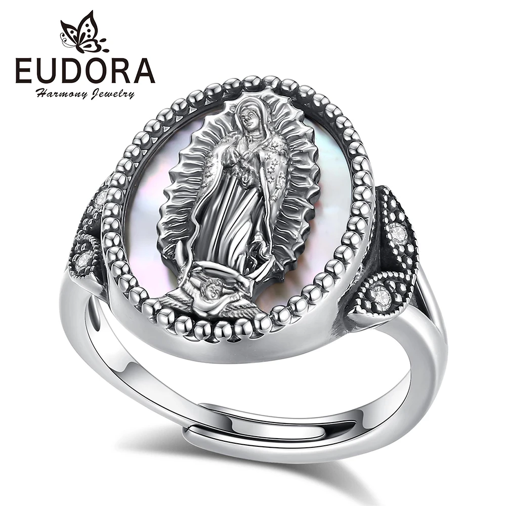 Eudora Copper Virgin Mary Ring White Mother of Pearl Plated Silver Mother of God Ring Religious Jewelry Mother's Day gift