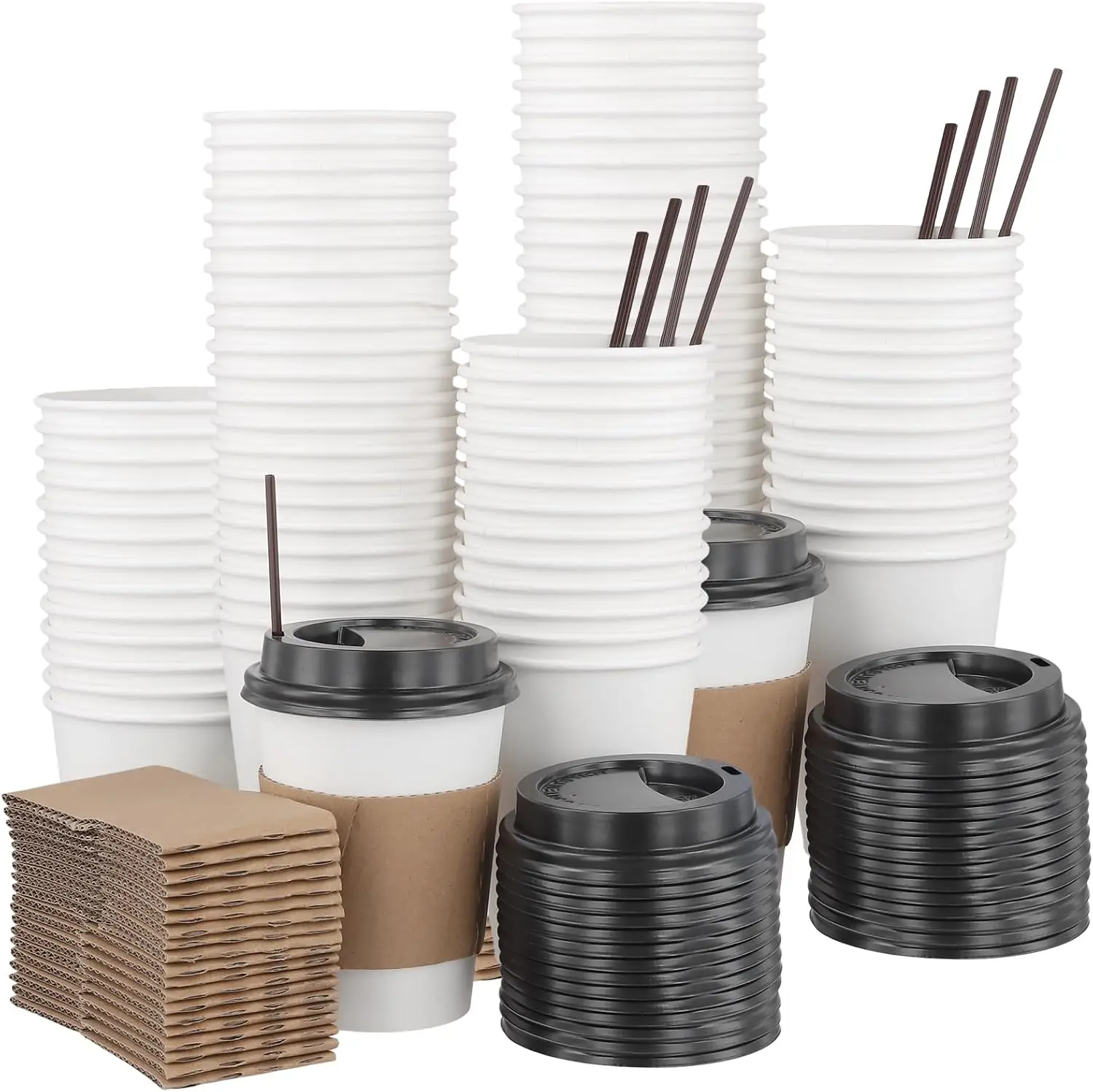 

Набор из 150 бумажных стаканов для кофе объемом 12 унций с крышками, втулками и мешалками, одноразовые бумажные стаканы для кофе, контейнеры для горячих/холодных напитков