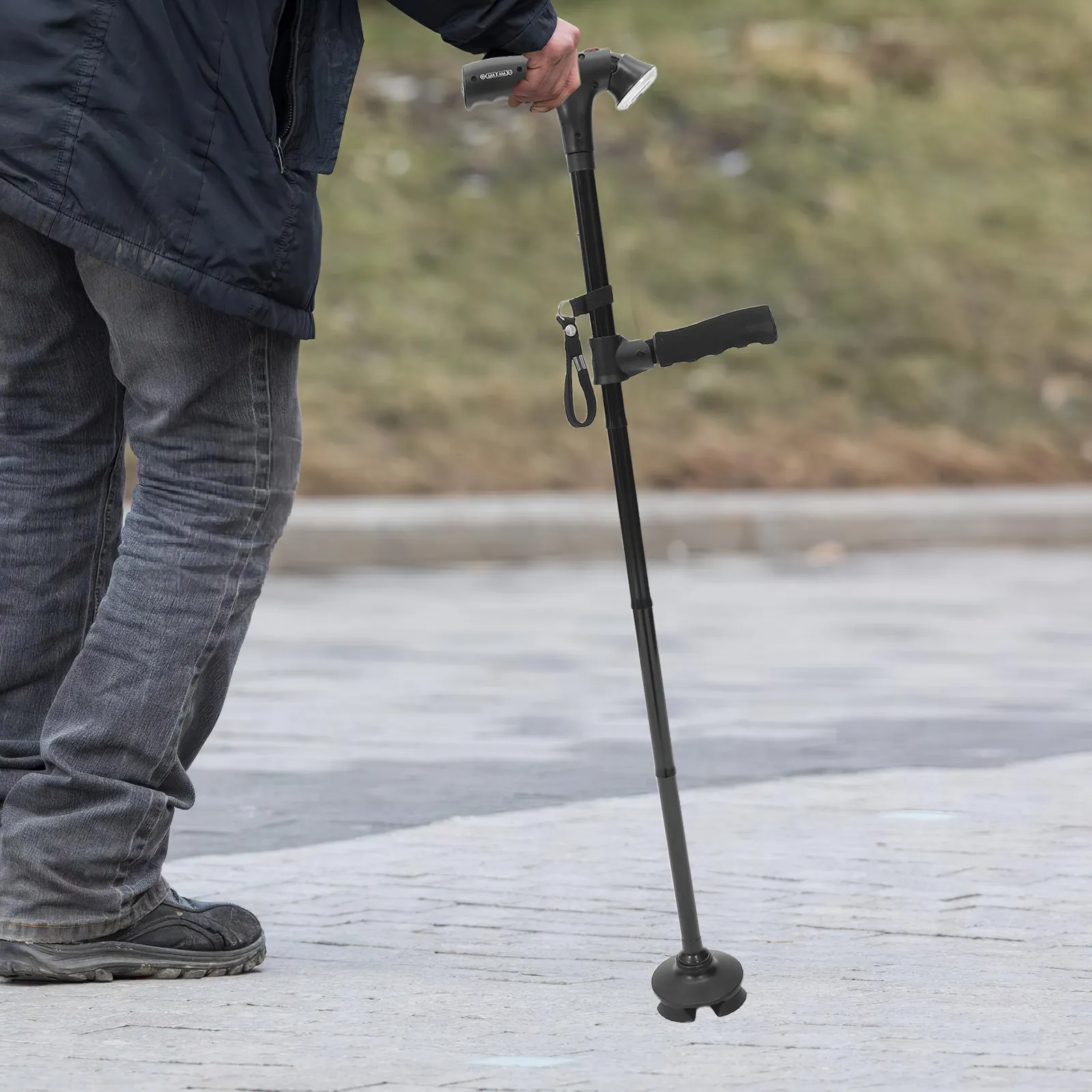 LED Telescopic Collapsible Folding Cane Adjustable Height Alarm Button 4-Foot Base Safe Walking Stick for Elderly Outdoor Use