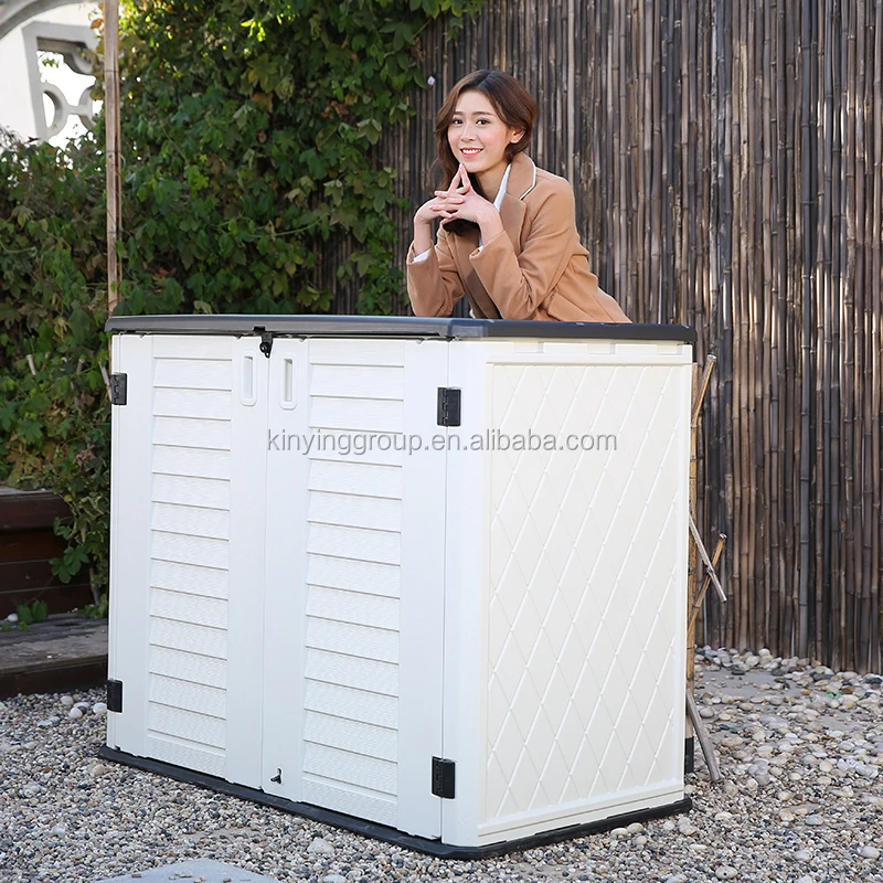 Small Outdoor Plastic Tool Storage Cabinet With HDPE Material Easily Assembled Wood Frame Pressure Treated Nature Wood Shed Type