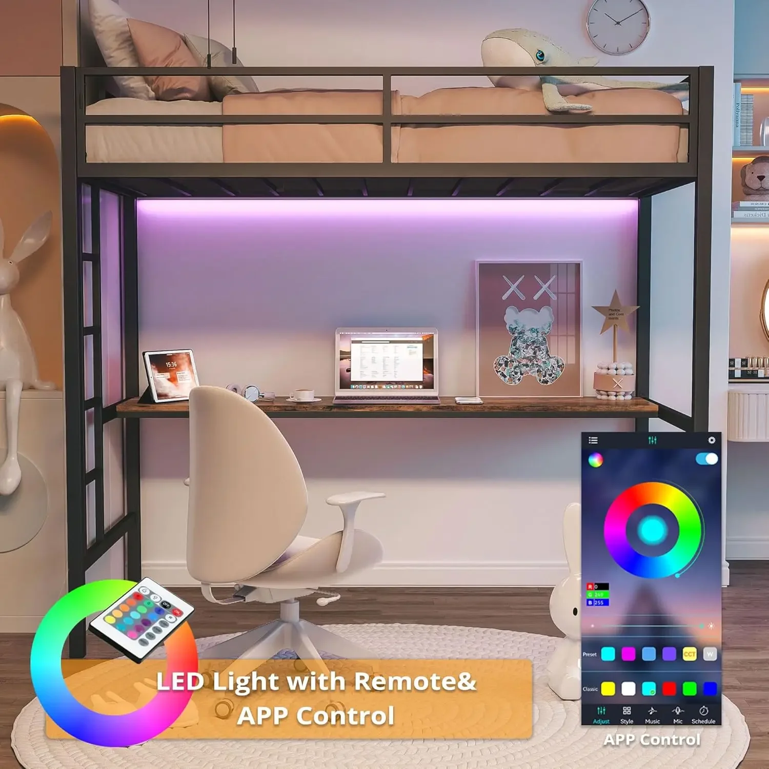 Cama alta tamanho duplo com mesa, estrutura de cama alta de metal com tomada de energia e iluminação LED, economia de espaço, sem ruído, preta