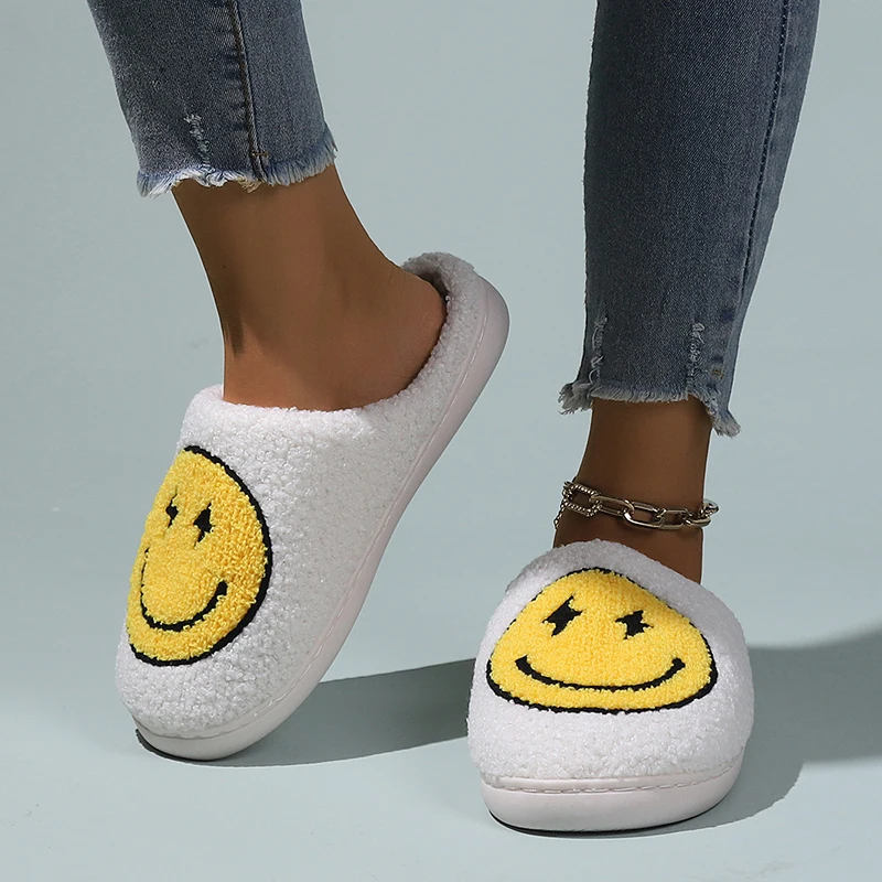 Cartoon Yellow Smile Slippers Women 2023 Winter Soft Sole Fluffy Fur Slippers Woman Flat Heels Plush Bedroom Home Cotton Shoes