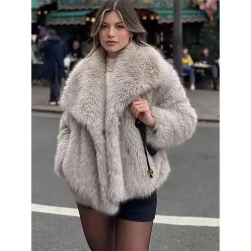 Women's Clothing Faux Fox Fur Coat Short Faux Fur Large Collar Loose Fashion Plus Size Autumn Winter New Fluffy Jacket Warm Tops - Image 5