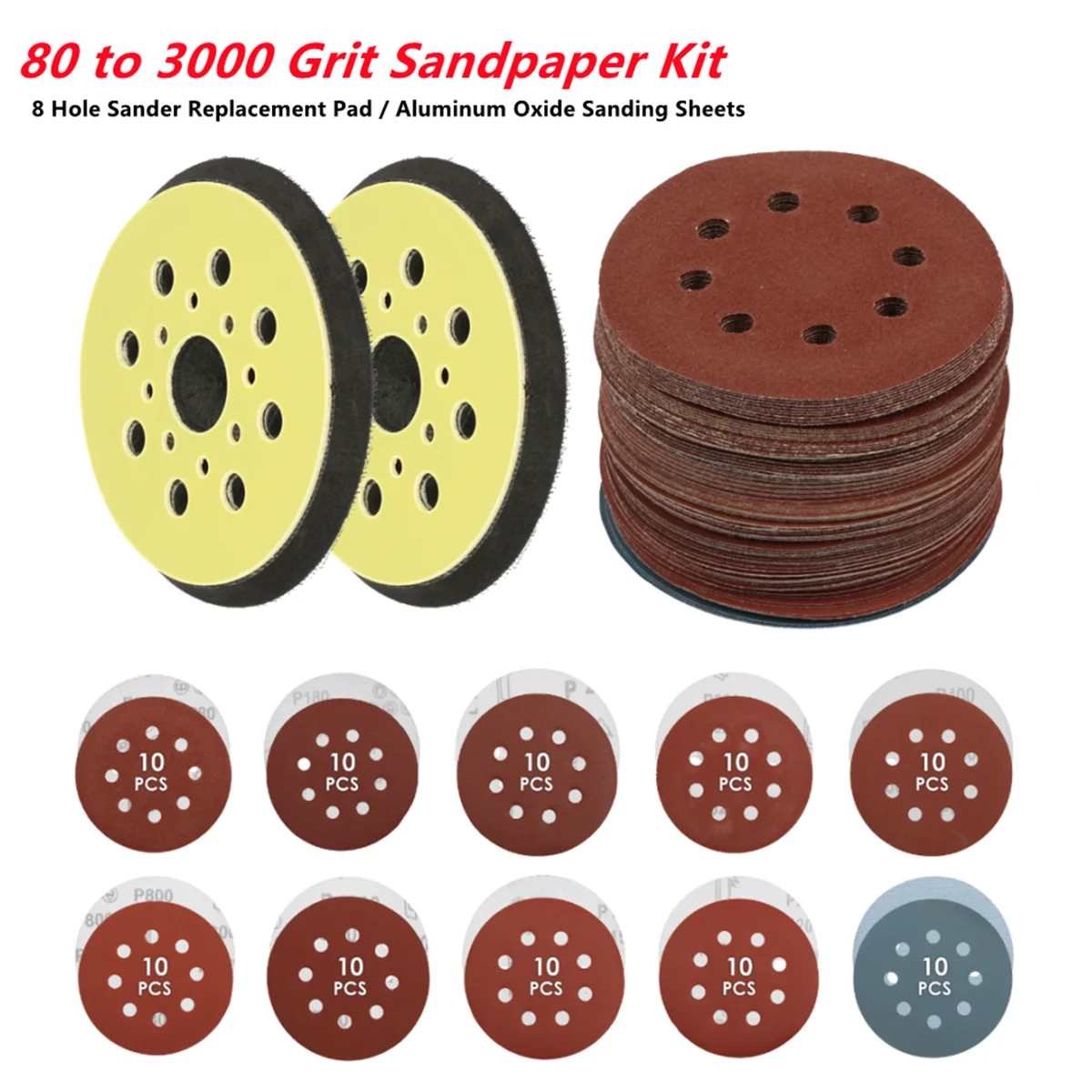 5 Inch 8 Hole Sanding Discs 100Pcs with 2Pcs Replacement Sander Backing Pad 80 to 3000 Grit Hook Loop Sandpaper for Wood Polishi