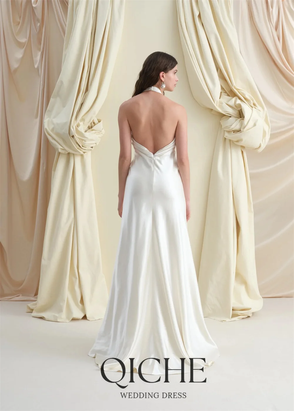 QICHE Sexy Halter Mermaid Wedding Dress Women Sleeveless Open Back Pleat Bridal Party Gowns Vestidos De Noiva Customized