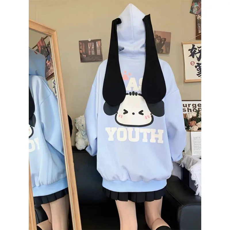 Kawaii Pochacco Hooded Coat Women Cartoon Sanrio Sweatshirt Jacket Fashion Sweet Girl Loose zipper Coat Top Anime Birthday Gift