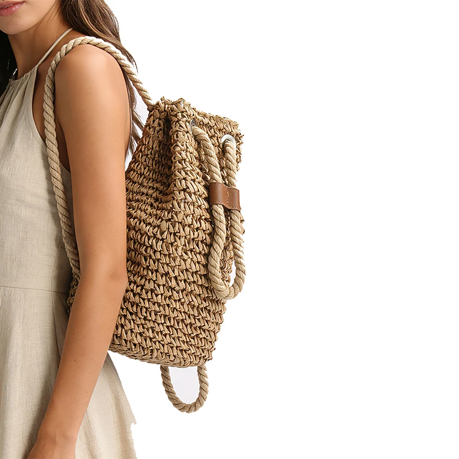 

Summer Women Straw Backpack Handmade Woven Beach Bag Drawstring Knapsack Female Knitted Bohemian Fashion Shoulder Travel Bags
