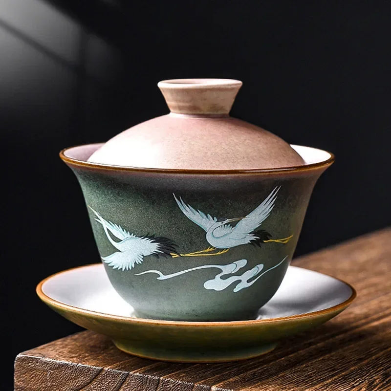 Retro Huancai Kiln Changing Crane Covered Bowl Creative Ceramic Household Tea Bowl Kung Fu Tea Set Bubble  Bowl  Set