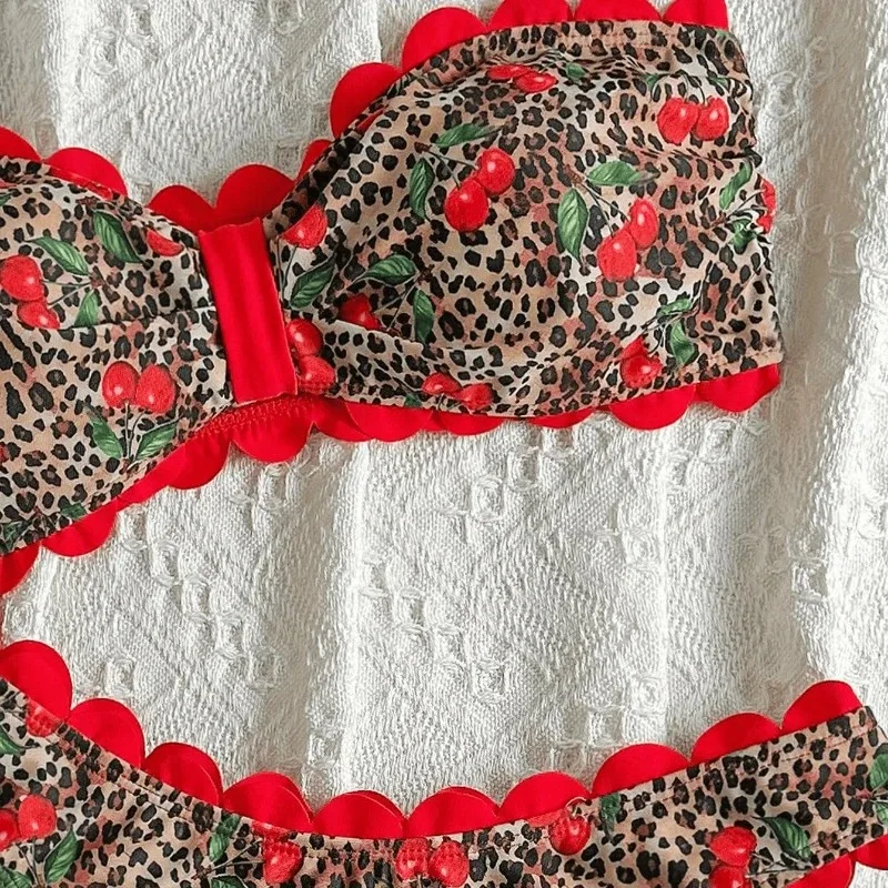 Women Two pieces Bikini Sexy Beach Bikini Strapless Cherry Swimsuit Leopard Print Red Two pieces Swimwear