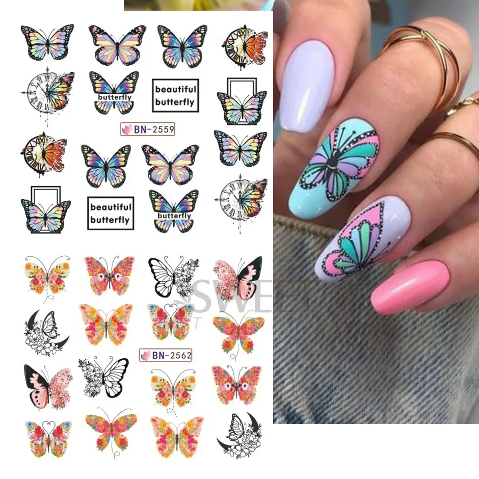 12 adesivi floreali per nail art di design, decalcomanie per acqua, trasferimento, farfalla, fiore, foglia, rosa, design, cursori, fascino, decalcomanie per manicure, tatuaggio