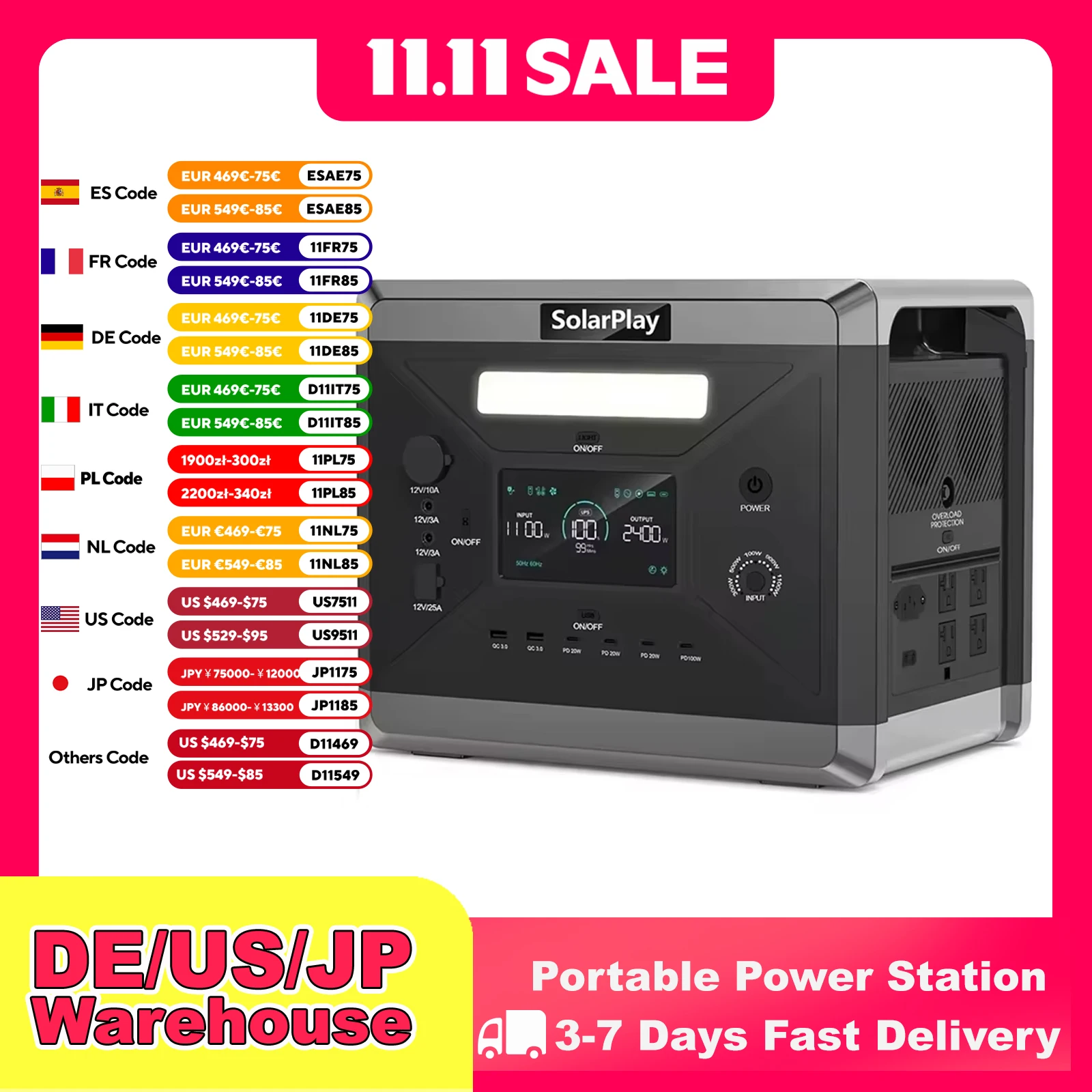 محطة طاقة محمولة SOLARPLAY بقدرة 2400 وات 2160 وات في الساعة LiFePO4 احتياطية للطوارئ مصدر طاقة عالي الطاقة للتخييم في الهواء الطلق وانقطاع RV